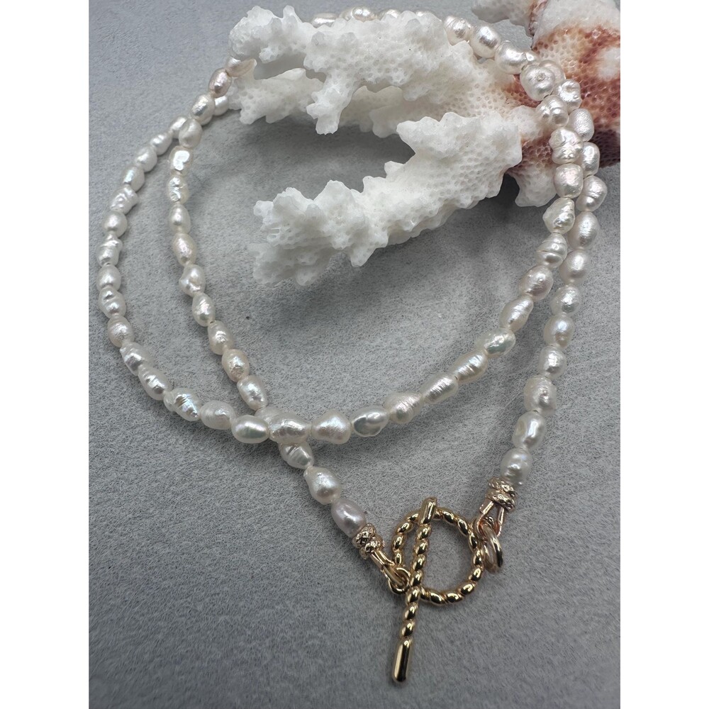18 White Tiny Nugget Pearl Necklace Minimalist Gold Plated Toggle Clasp Choker